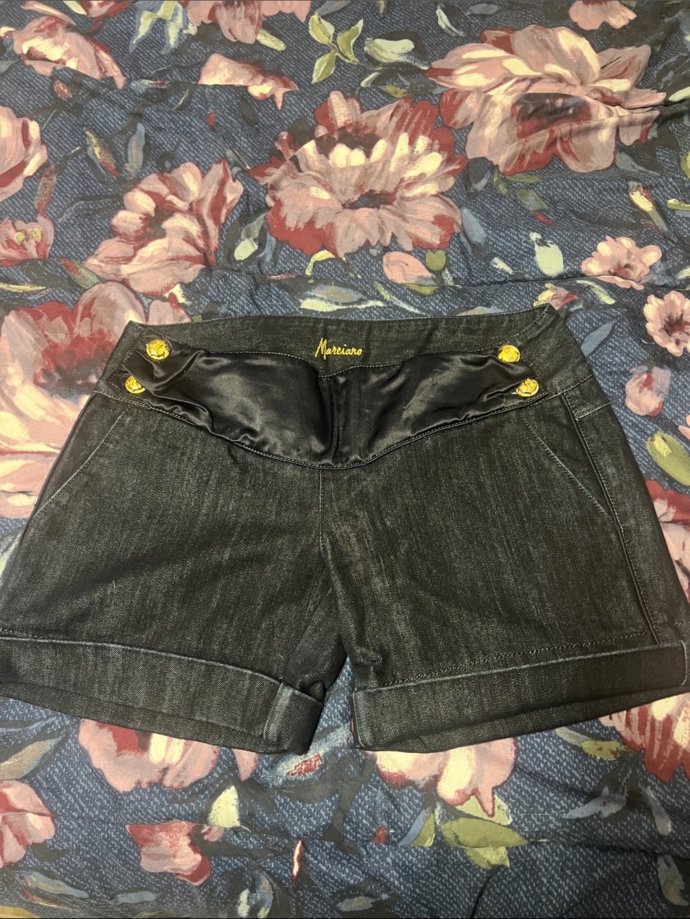 Marciano Black Denim Sailor-Style Shorts with Gold Buttons